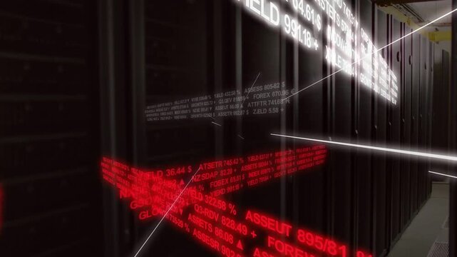 Data feed arriving, camera gliding through racks with white and red tickers visualizing market flow