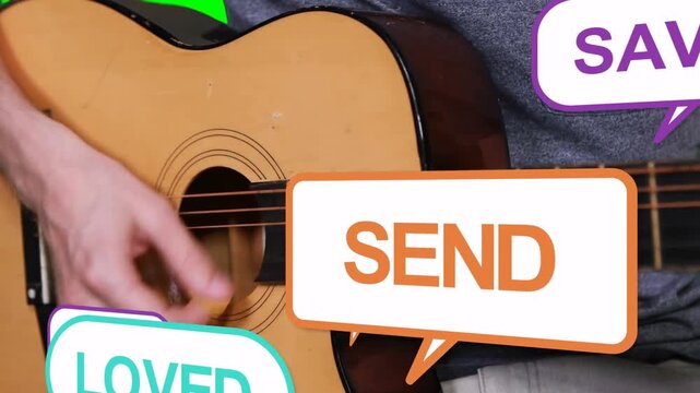 Male guitarist strumming acoustic guitar, causing CTA bubbles sliding over guitar for music promo