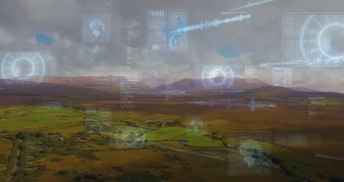 Translucent HUD overlays appearing after aerial pan, visualizing telemetry across valley fields