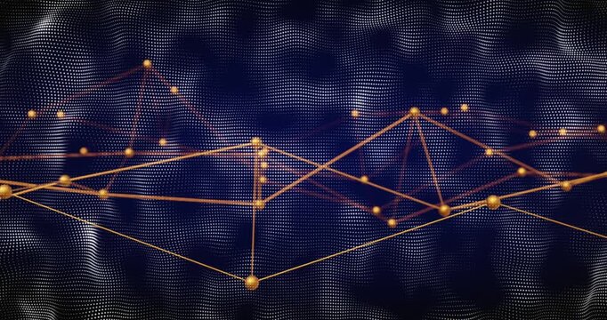 Glowing golden-node network shifting, reforming via camera pan, visualizing tech data and particles