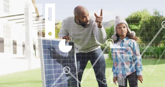 Father showing solar panel, tapping and pointing while animated charts illustrating solar benefits