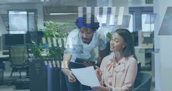 Woman showing paper, man leaning and pointing while tablet HUD marking lines for business check
