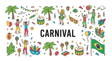 Fototapeta premium Vibrant carnival celebration with people dancing in costumes among festive decorations, masks, drums, and Brazilian flags in an isometric view.