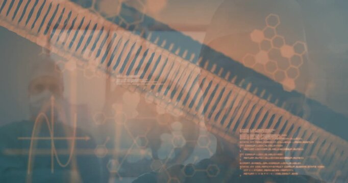Two docs watching while slanted DNA helix sweeping showing code and staff detail aiding diagnosis