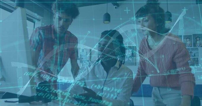 Diverse coworkers inspecting prototype at desk while consulting monitor with DNA overlay