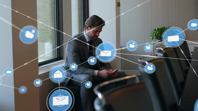 Tapping businessman in grey suit checking email on phone at window bench, blue icon growing network