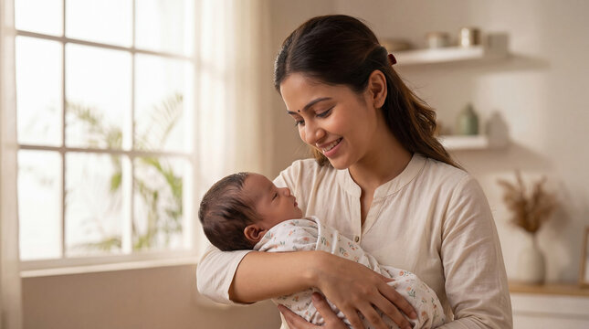 Loving Indian Mother Tenderly Holds Her Newborn Baby at Home
