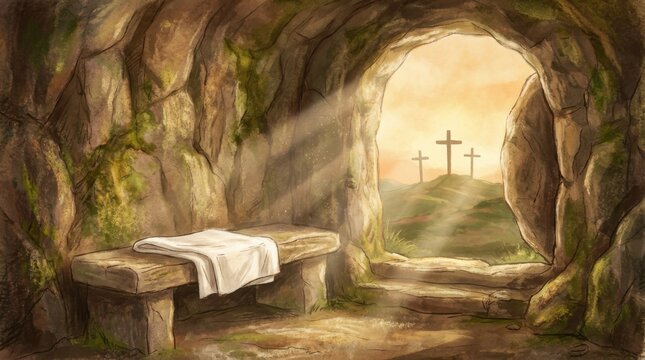 Empty stone tomb with white cloth and three crosses on a hill in distance d