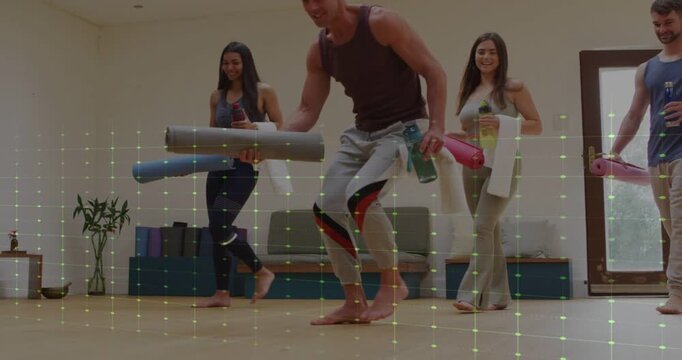 Vertical video: Four adults entering, lead placing mat, others preparing yoga with waveform grid