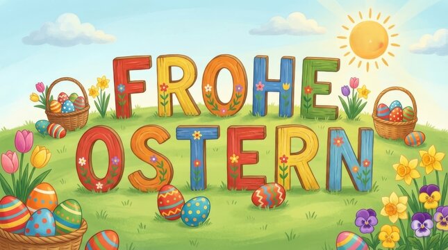 Frohe ostern text with colorful easter eggs and flowers in a green meadow d