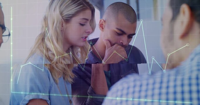 Leaning blonde woman and shaved head man studying animated grid line chart in office, with glasses