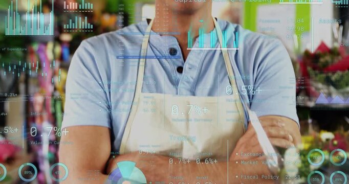 Florist smiling as camera pulling back, animated charts floating across shop showing retail metrics