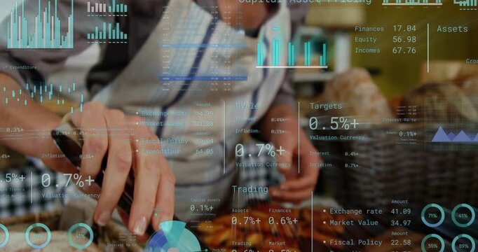 Mature woman vendor tongs entering frame picking pretzel, serving customer while finance HUD over