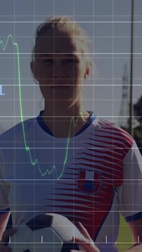 Holding soccer ball, player in white kit smiling on pitch grid emerging charts rising showing gains