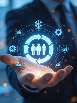 Change management strategy concept with business professional presenting digital team interface, organizational transformation process, leadership alignment and workforce transition planning