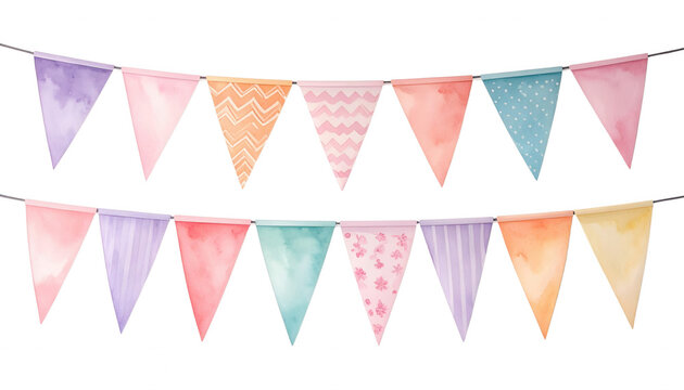 Aquarell Wimpelkette Set mit bunten Fahnen in Pastellfarben f&uuml;r Geburtstage, Babypartys und festliche Dekorationen auf wei&szlig;em Hintergrund.