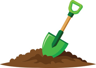 Green shovel stuck in a pile of brown dirt on white background © Dream Hub
