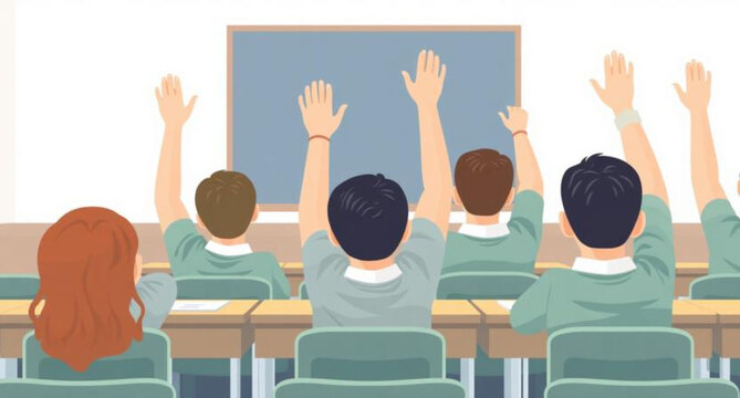 A diverse group of students and a business team sitting in a classroom meeting with a hand drawing of a man and a woman held high in the air