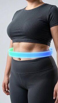 Fat obesity bmi showing woman abdomen waist glowing belt for fitness health measurement ring around waist highlight weight management concept with overweight adult female torso dark sportswear studio