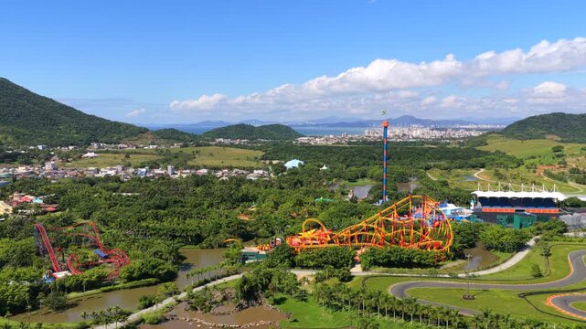 Drone View of Beto Carrero World Theme Park with Roller Coasters, Brazil, Tourism Attraction