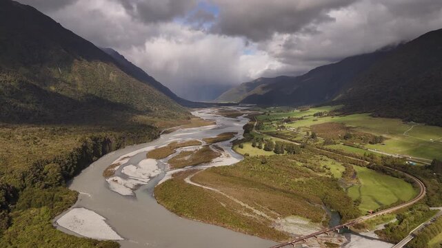 Bealey River in Arthur's Pass National Park in New Zealand, drone shot