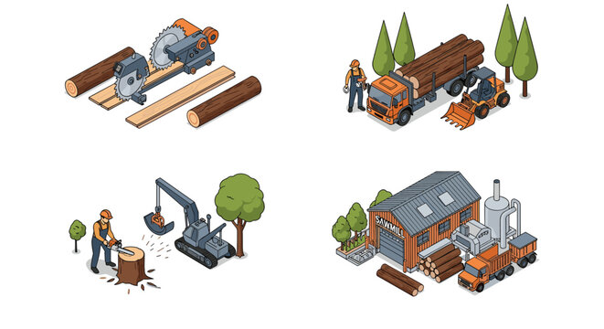 Timber industry operations include logging in a forest, transporting logs on a truck, and processing wood at a sawmill with heavy machinery.