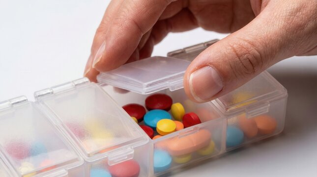 Hand opening a transparent pill organizer containing colorful pills with red, blue, and yellow hues, close-up view, soft lighting, white background