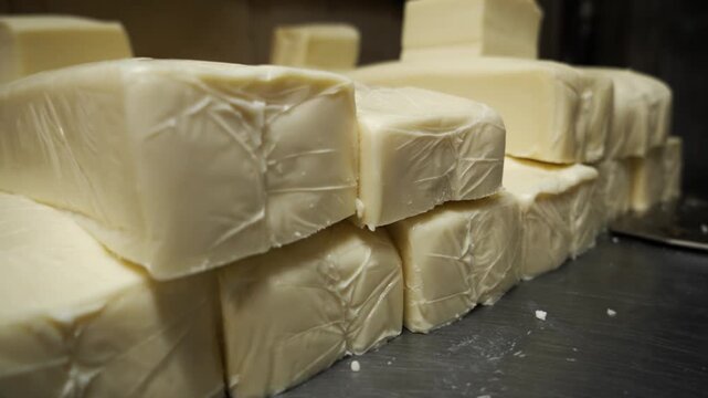 Blocks of commercial restaurant ready white cheese stacked, slow motion slider close up 4K