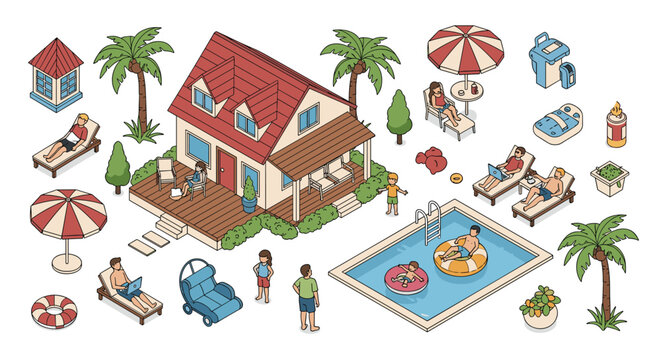 Summer vacation house with a swimming pool features people sunbathing on loungers, children playing, and palm trees surrounding the property.