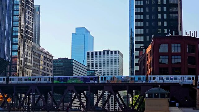 CTA elevated train passes through downtown Chicago along Lake Street, framed by modern skyscrapers and classic urban architecture in a dynamic city transit scene.