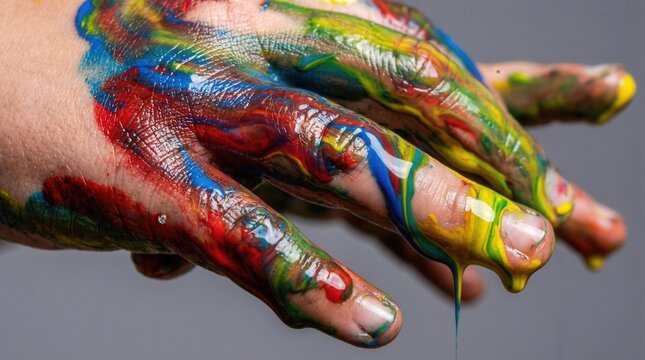 Childrens hands covered in vibrant, dripping paint against a gray background, showcasing a playful and creative exploration of colors and textures, children&rsquo;s