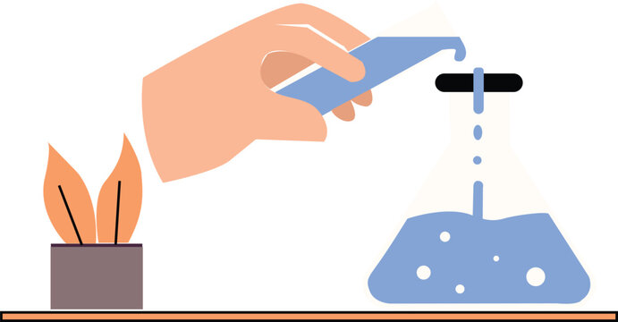 Hand pouring liquid from beaker into flask on table next to burning candle