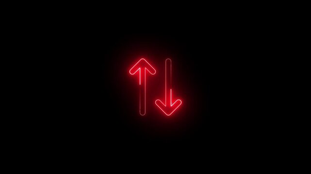 Abstract Neon Red Glowing Up and Down Arrows Icon for Data Transfer, Stock Market Trading, and Technology Concepts on Black Background.