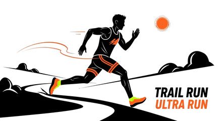 Fototapeta premium Silhouette Of Marathon Runner During Ultra Trail Run In Orange And Black With Text