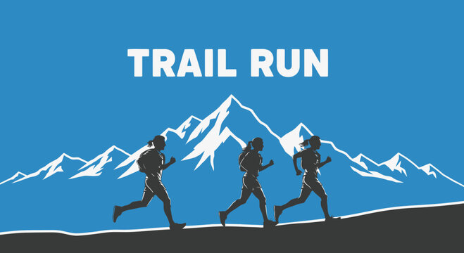 Silhouette Of Three Trail Runners Ascending Mountain Against Blue Sky And Snow Capped Peaks