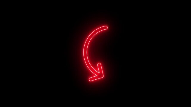 Glowing Neon Curved Arrow Pointing Downwards on a Dark Black Background - Symbolic of Direction, Refresh, or Progress.