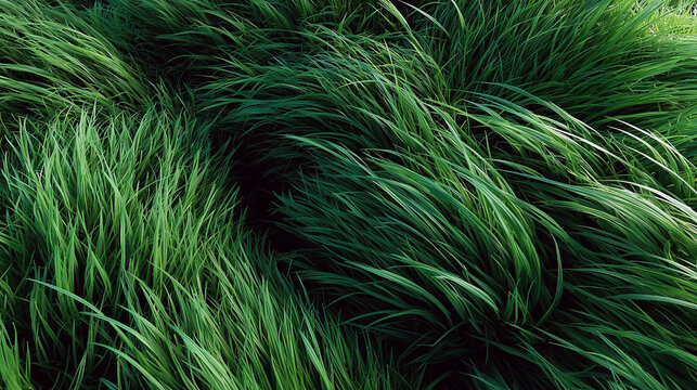 Lush high dark green grass background flattering on the wind in the wild