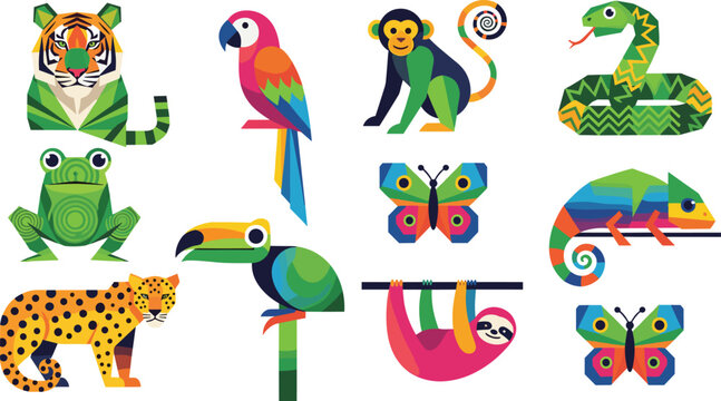 Colorful Geometric Wildlife Animal Set with Tiger Parrot Monkey Snake Frog Leopard