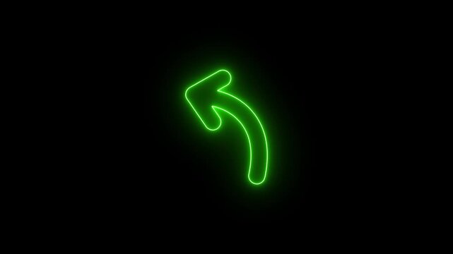 Glowing Green Neon Curved Arrow Symbol on Black Background - Back, Undo, or Return Icon for Digital Interface Design.