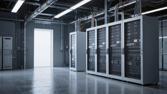 Server rack data center interior with cool lighting and cables, modern technology room