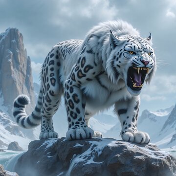 The image shows an artistic illustration of a fantastical creature - a white snow leopard with tiger stripes