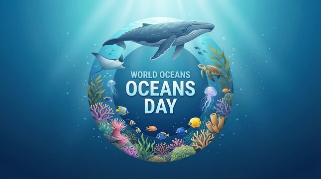 World oceans day marine life circle with whale turtle fish coral reef underwater illustration for environment protection awareness and global ocean conservation design