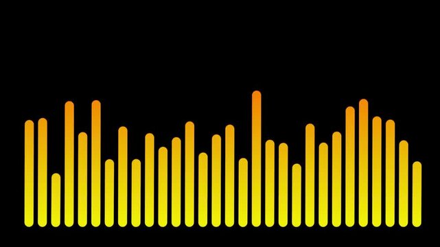 Digital audio equalizer bars illustrating sound frequencies with vibrant yellow and orange colors on a sleek black background, suitable for technology projects.