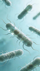 Obraz premium A close-up of Escherichia coli: rod-shaped, flagellated, with transparent cytoplasm.