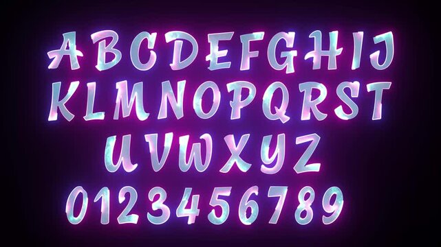 alphabet and numbers with glowing neon effect on black background