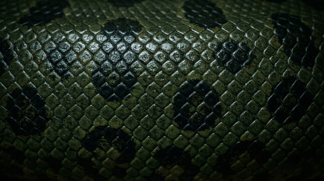Close up of green python snake skin with detailed scale pattern texture for wildlife background design