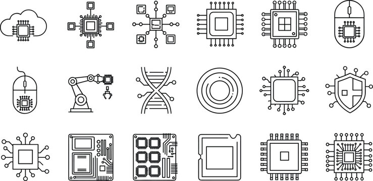 Microchip technology line icons, CPU, processor, semiconductor, motherboard, AI chip, electronics outline vector icon set collection