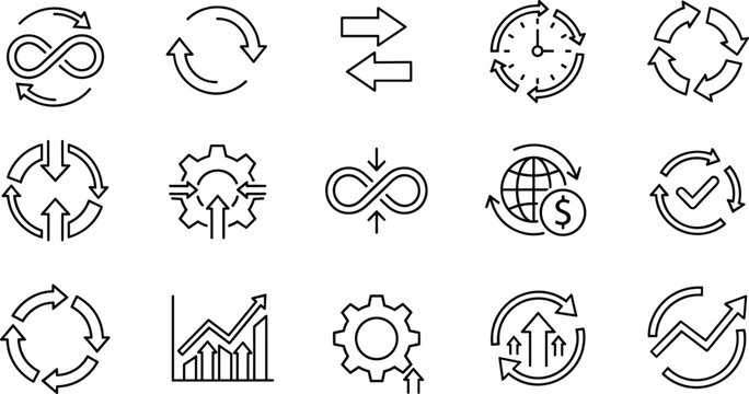 Process cycle line icons, workflow, refresh arrows, automation, infinity loop, business process outline vector icon set collection