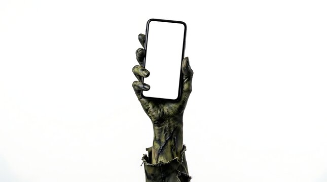 A zombie hand holding up a smartphone with a blank screen isolated on white background