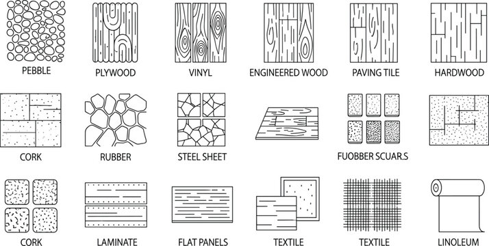 Flooring materials texture line icons, wood, vinyl, cork, rubber, textile, linoleum, paving tile outline vector icon set